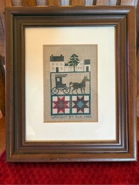Vintage 1986 Hand Stitched Cross Stitch Sampler Framed Primitive Folk Art
